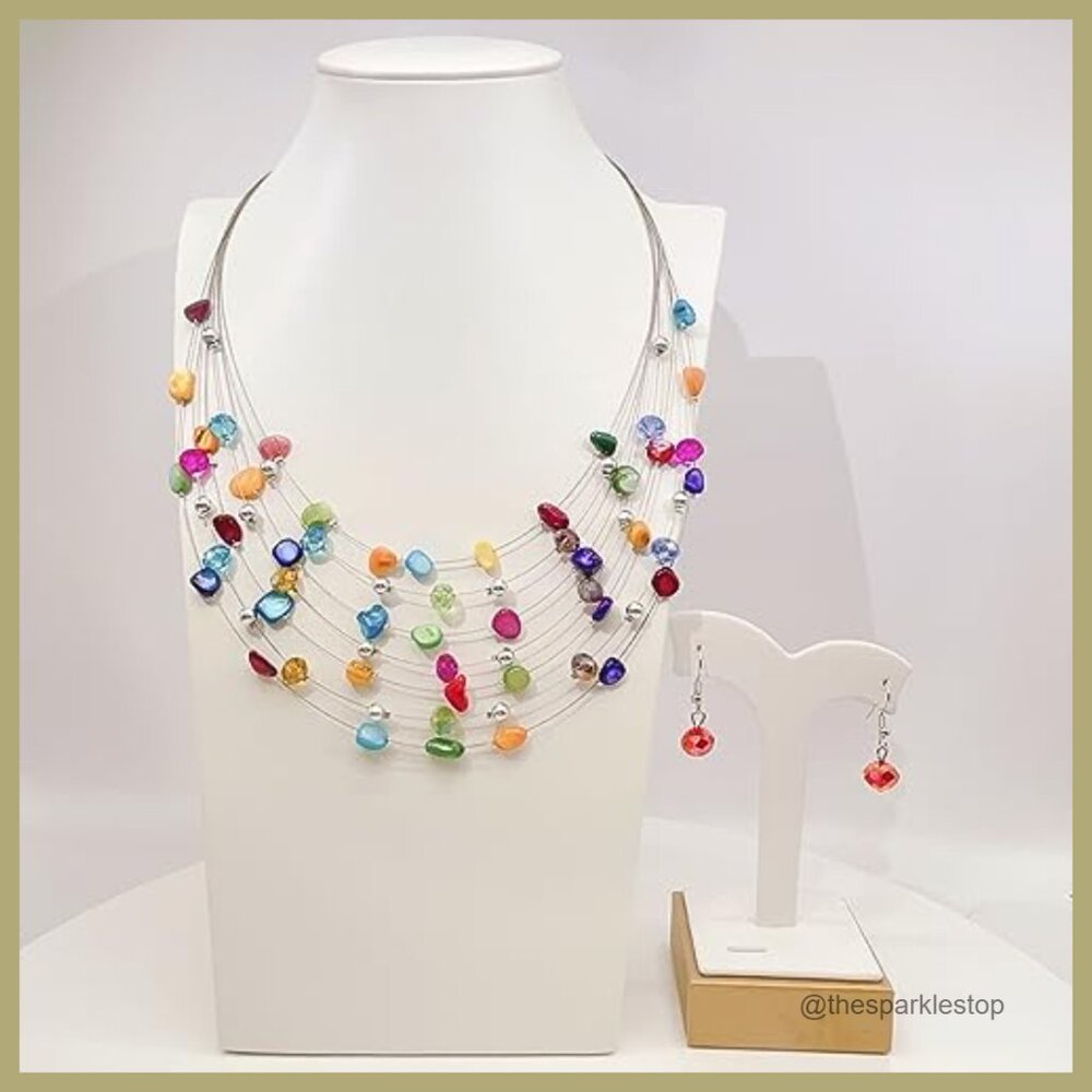 Shell Crystal Bead Statement Necklace Earring Set… - image 2